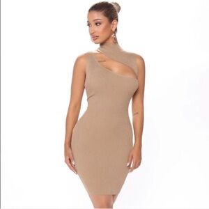 Fashion Nova Tan Ribbed Tank Dress Large Stretch Viscose Rayon Elegant Cocktail
